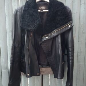 Badgley Mischka Black Leather Moto Jacket Shearling Collar Asym Zip - Large